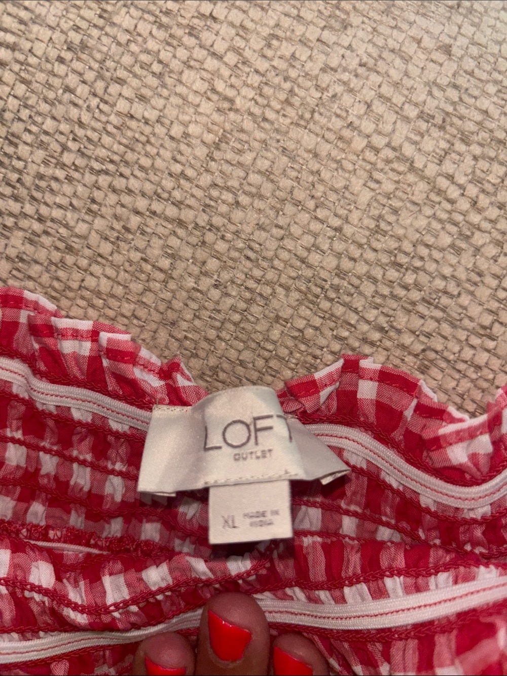 LOFT Red and White Gingham Off-the-Shoulder Blouse - Picture 3 of 4